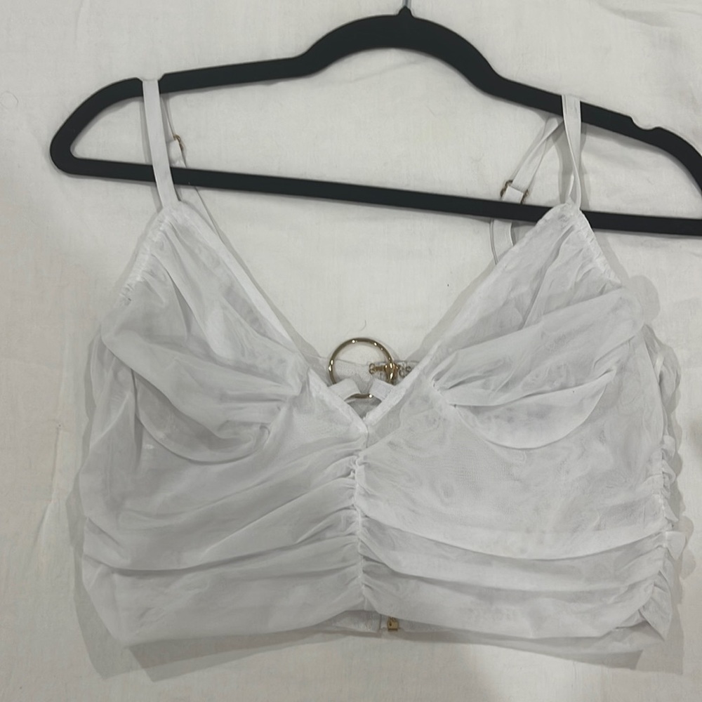 White fox white corset crop top with gold ring detail- size Medium